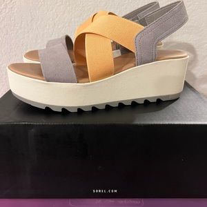 Sorel Women's Platform Wedge Sandals in Gray and Mustard